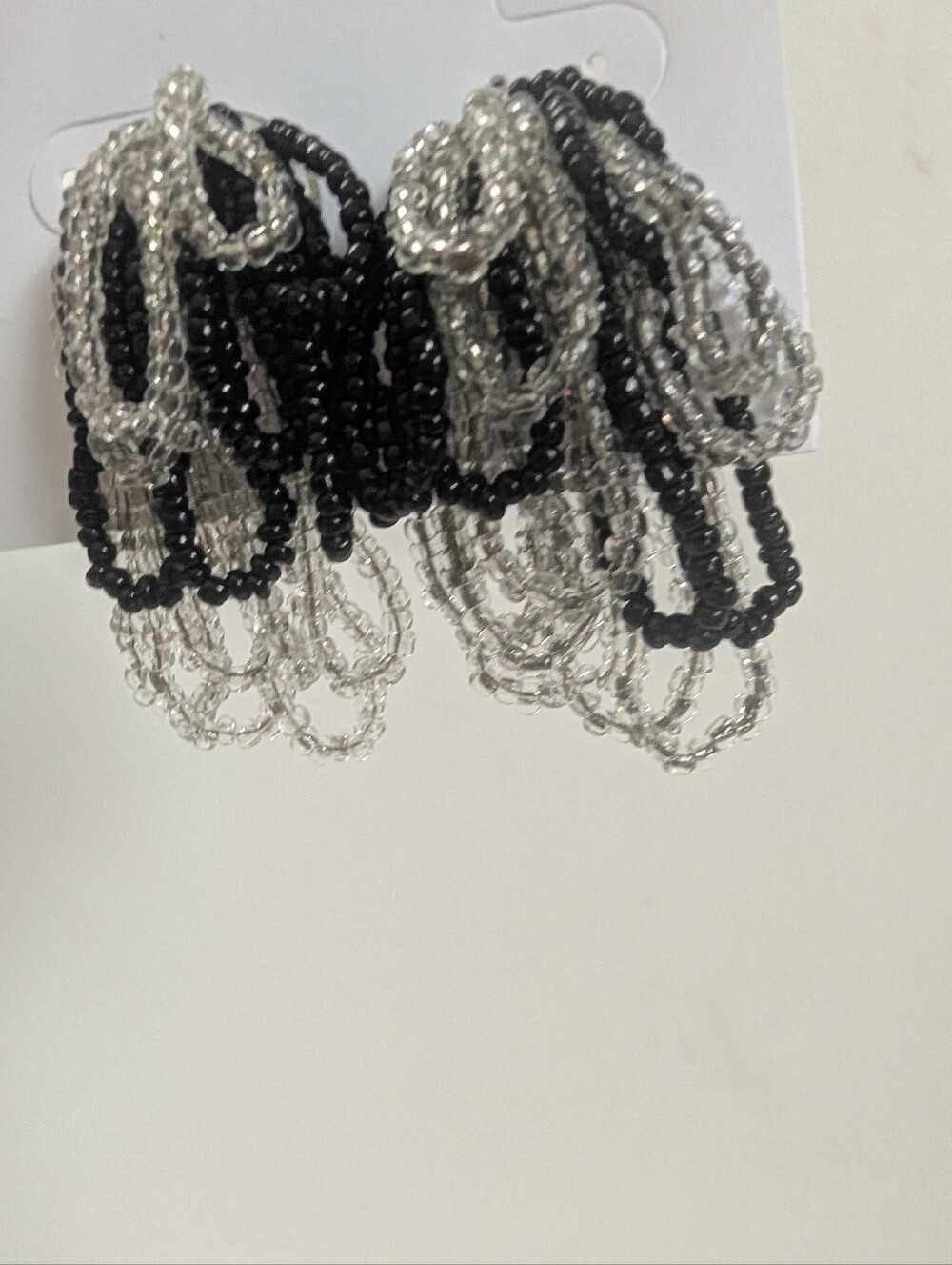 VTG Black Glass Beaded Waterfall Clip On Earrings  Fringe Tassel